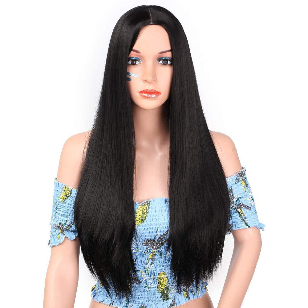 Split Black Long Straight Full Headgear Fashion Wig